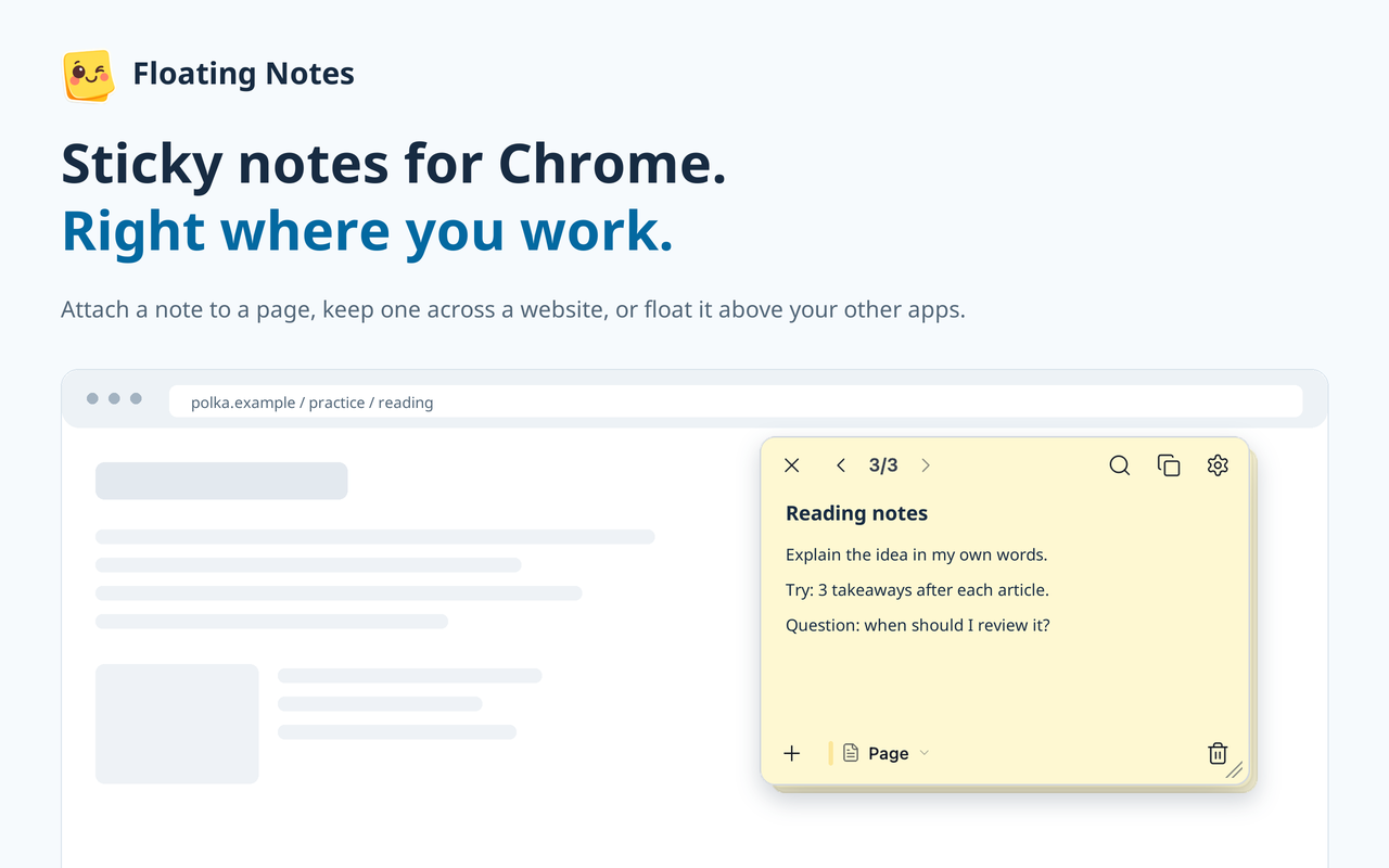 Floating Notes interface showing a note attached to a web page